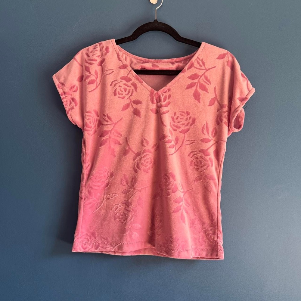 Vintage Velvet Floral Shirt Women's Sie Tag Pink Textured V Neck Retro 90s 80s